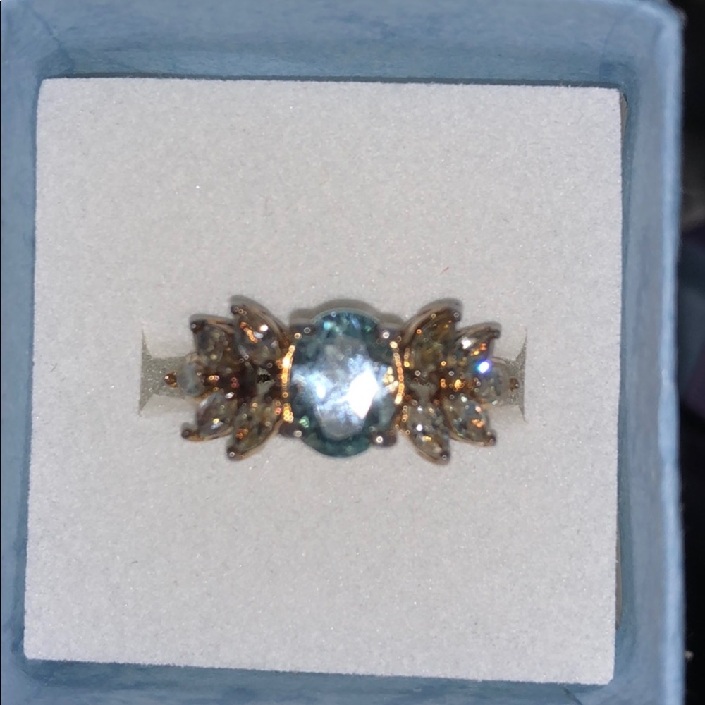 Gold-Tone Blue Oval Gemstone Floral Accent Ring - Women Jewelry